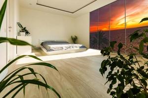 panoramic view of nice cozy bedroom with summer outdoor. photo