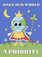 Earth Day poster with Earth character as a Queen in a crown, illustration in a groovy 1970s style. vector