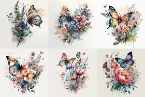 Butterfly Watercolor set, Floral Illustration, Floral Flower, Floral Bundle vector