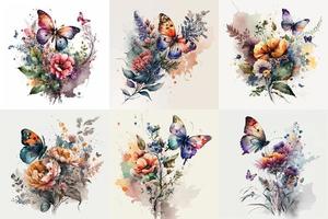 Butterfly Watercolor set, Floral Illustration, Floral Flower, Floral Bundle vector