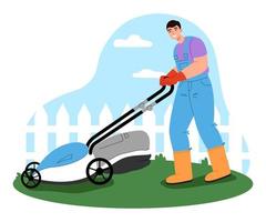 Male gardener working in the yard. Handyman character mowing the lawn. Garden maintenance concept. Flat vector illustration.