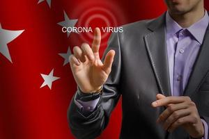 Image of businessman touching corona virus alert icon photo