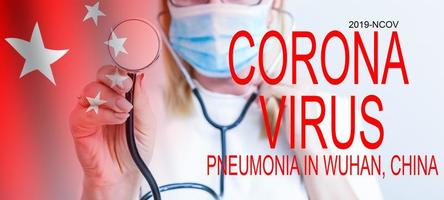 The phrase Corona virus on a banner with blurred Chinese flag on the background. photo