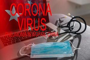 The phrase Corona virus on a banner with blurred Chinese flag on the background. photo