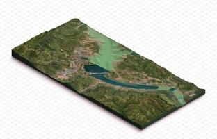 3d model of Three Gorges Dam in China. Isometric map virtual terrain 3d for infographic. Geography and topography planet earth flattened satellite view photo