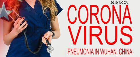 Concept of coronavirus quarantine. MERS-Cov. Novel coronavirus 2019-nCoV .Doctor with a stethoscope in the hands on white background. Coronavirus text photo