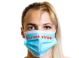 retrato de un enfermo hombre mujer vistiendo médico máscara con coronavirus texto a blanco antecedentes. coronavirus concepto. proteger tu salud. foto