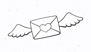 Outline doodle of flying closed envelope with wax heart and wings vector