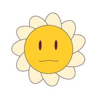 Flower face y2k inspired icon. Retro funny daisy sticker. Trippy vintage yellow face in petals. Funky camomile flower. Vector illustration.