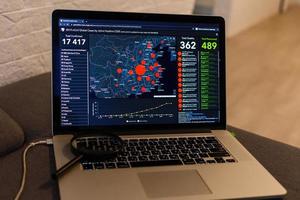Kyiv, Ukraine - FEBRUARY 03, 2020 The interactive map, which tracks the Wuhan Coronavirus in near real-time on Laptop. photo