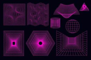 Geometric wireframe shapes and grids in neon pink. 3D abstract backgrounds, patterns, cyberpunk elements in trendy psychedelic style. vector