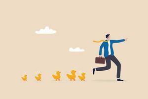 Leadership to lead team to success direction, employees follow manager guidance, domination or motivate staffs concept, confidence businessman leader pointing direction with following duckling. vector