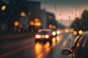 rainy weather on the roads view from the passenger window evening bokeh of lights photo