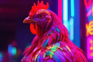 disco cock with neon light, chicken retro cyber style photo