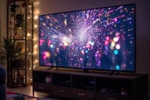 celebration fireworks on tv, big plasma in the house photo