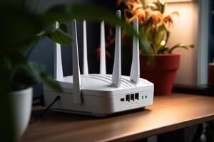 speed 5g internet white wifi router in the house photo