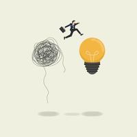 Businessman jumping from tangled problems to fresh light bulb idea illustration vector