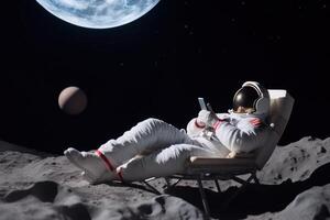 astronaut with phone on a lounger relax on moon photo