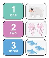 Cute colourful numbers flashcard for kids learning to count. Front and back cards with animals for happy learning kids and education in the nursery. Vector file.