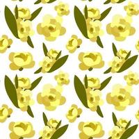 Spring pattern of yellow flowers on stems. Background of vector images of realistic rose petals, flowers, branches, leaves. Printing on textiles and paper. Gift wrapping for Mother's Day, birthday.