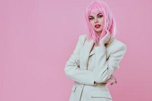 Portrait of a charming lady in White blazer pink hair Glamor Cosmetics pink background unaltered photo