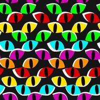 A pattern with multicolored cat eyes on a black background. Bright glowing eyes of cats in the dark. Vector illustration. Pattern for printing on textiles and paper in the theme the Halloween holiday