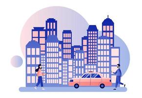 Taxi service. Background the city with skyscrapers. Flat cartoon style. Vector illustration