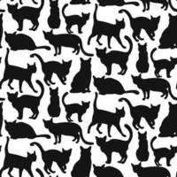 Seamless pattern depicting the outline of a black cat for Halloween. Flat cat in different poses. For printing on textiles and paper. Gift wrapping. Black outline on white vector