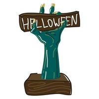 A cartoon zombie hand in retro style holds a board with the inscription Halloween. A hand on a wooden stand with a wooden plaque in his hand. Creepy hand with stripes. Printing an isolated vector