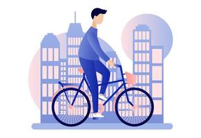 Bike rental. Background the city with skyscrapers. Flat cartoon style. Vector illustration