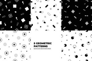 Set of vector fashion geometric seamless patterns. Flat repeated trendy elements in black, white, memphis style. For package, wallpaper, textile, your design. Vector illustration