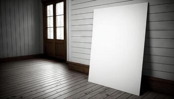 Blank white paper poster on plank wooden floor and wall. photo