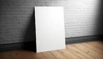 Blank white paper poster on plank wooden floor and wall. photo