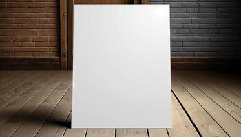 Blank white paper poster on plank wooden floor and wall. photo