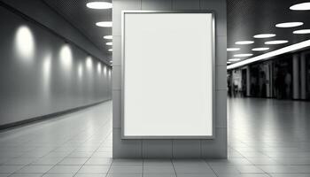 blanco póster cartelera adjunto pared con Copiar espacio para tu texto mensaje en moderno compras mall.generativo ai foto