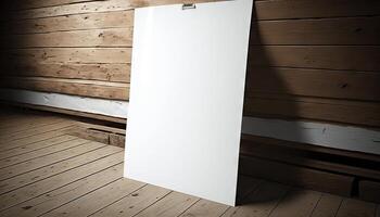 blanco blanco papel póster en tablón de madera piso y pared. generativo ai foto