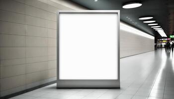 Blank poster billboard attached wall with copy space for your text message in modern shopping mall. photo