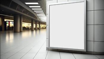 blanco póster cartelera adjunto pared con Copiar espacio para tu texto mensaje en moderno compras mall.generativo ai foto