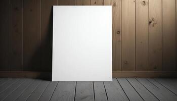 blanco blanco papel póster en tablón de madera piso y pared. generativo ai foto