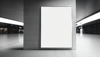 blanco póster cartelera adjunto pared con Copiar espacio para tu texto mensaje en moderno compras mall.generativo ai foto