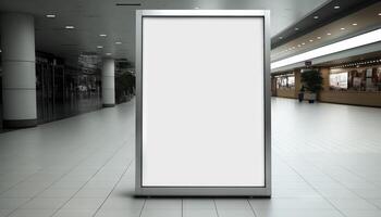 blanco póster cartelera adjunto pared con Copiar espacio para tu texto mensaje en moderno compras mall.generativo ai foto