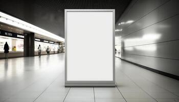 blanco póster cartelera adjunto pared con Copiar espacio para tu texto mensaje en moderno compras mall.generativo ai foto