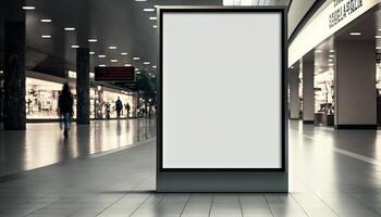 blanco póster cartelera adjunto pared con Copiar espacio para tu texto mensaje en moderno compras mall.generativo ai foto