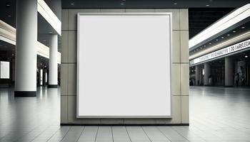 Blank poster billboard attached wall with copy space for your text message or content in modern shopping mall photo