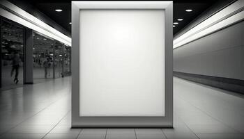 blanco póster cartelera adjunto pared con Copiar espacio para tu texto mensaje en moderno compras mall.generativo ai foto