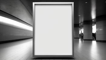 Blank poster billboard attached wall with copy space for your text message in modern shopping mall. photo