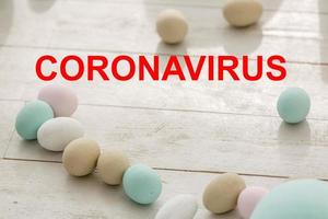 Corona virus COVID19 with Easter eggs. Easter holiday plans cancelled concept photo