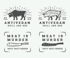 Set of vintage butchery meat, steak or bbq logos, emblems, badges, labels. Monochrome Graphic Art. Vector Illustration.