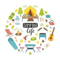 A set of hiking equipment for travel, picnic, camping, tourism. Round composition as a print on clothes, postcards, web design. Flat vector illustrations isolated on a white background.