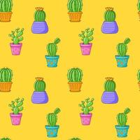 Seamless pattern with different cactus, succulent plant in bright flower pot. Cartoon Cacti. Hand drawing background with houseplants. Vector illustration on yellow background